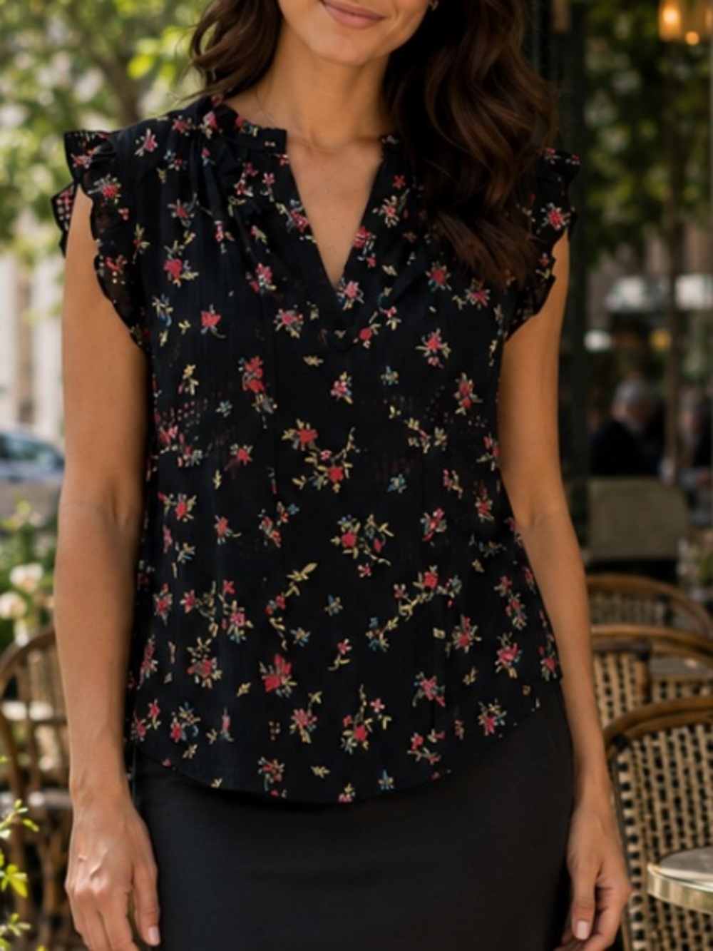 J. Crew Black Floral Ruffle-Sleeve Blouse